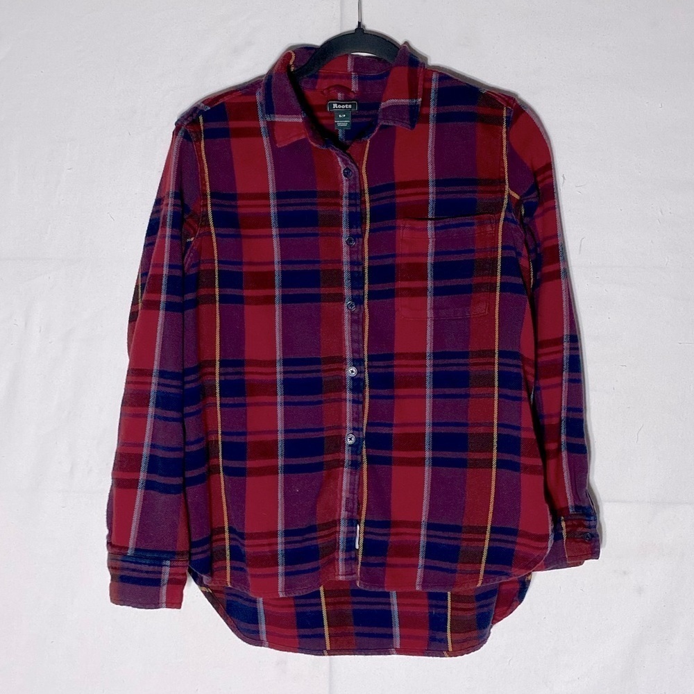 Roots Red Blue Plaid Flannel Button Up Top S Fatival Stampede Gorpcore Granola